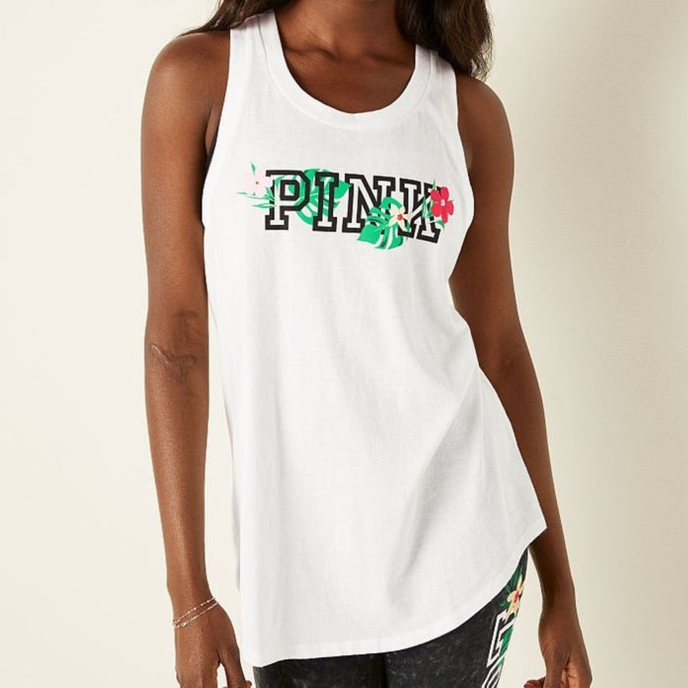 NWT Victoria’s Secret PINK Logo Tropical Graphic Racerback Cutout Tank Top